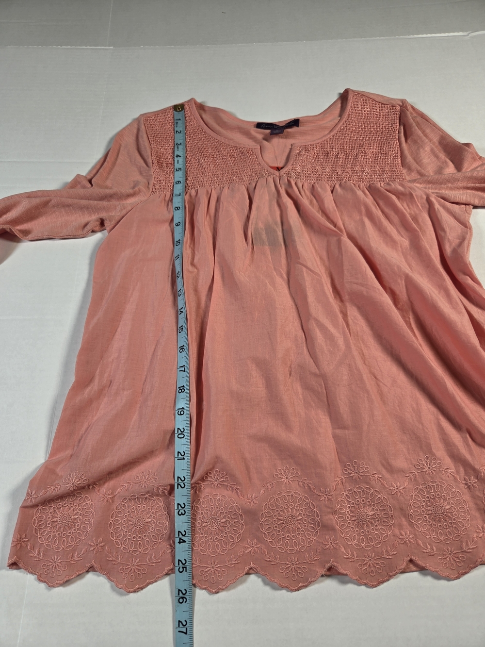 Gloria Vanderbilt Womens M Coral Peasant Tunic Top Embroidered Roll Tab Sleeve - Picture 9 of 11
